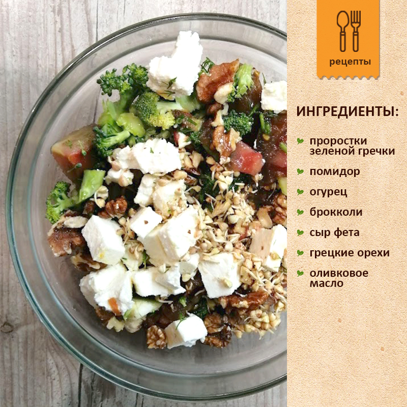 Пророщенная зеленая гречка с помидором, огурцом, брокколи, сыром фета, грецкими орехами