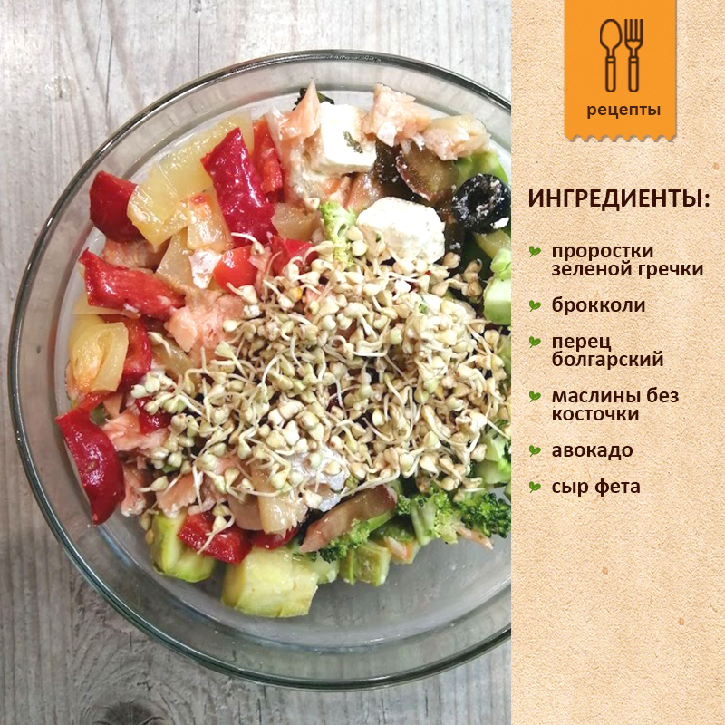 Пророщенная зеленая гречка с брокколи, перцем, маслинами, авокадо, сыром фета