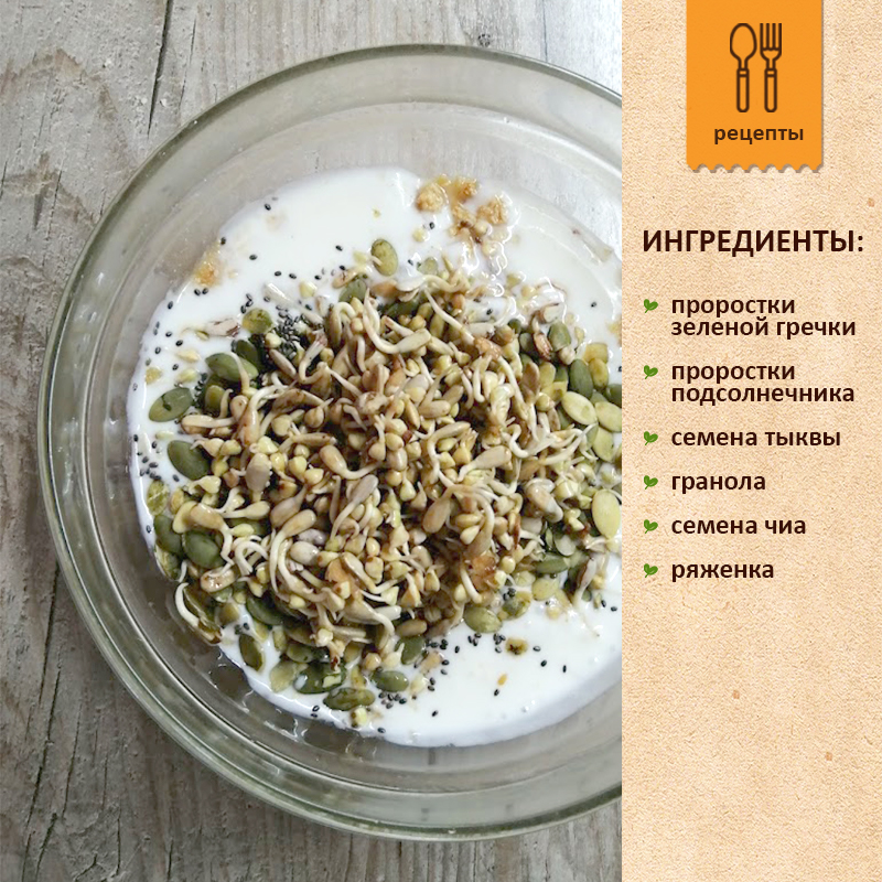 Проростки зеленой гречки с семенами тыквы и чиа, проростками подсолнечника, гранолой и ряженкой Пророщенная зеленая гречка с проростками подсолнечника, семенами чиа и тыквы, гранолой, ряженкой